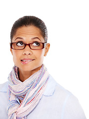 Image showing Thinking, glasses and mockup with a black woman in studio isolated on a white background for product placement. Idea, eyewear and frame with a female on space for marketing, advertising or branding