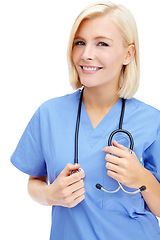 Image showing Nurse, portrait and medical stethoscope on isolated white background in cardiovascular, lungs or heart wellness check. Smile, happy woman and face of healthcare worker, equipment or doctor consulting