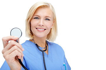 Image showing Nurse, portrait and medical stethoscope check on isolated white background in cardiovascular, lungs or heart wellness. Smile, happy woman and face of healthcare worker, equipment or doctor consulting