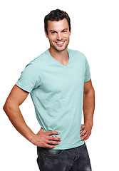 Image showing Portrait, fashion or smile with a man model in studio isolated on a white background for marketing. Advertising, confidence or profile picture with a male on bank space for product branding or a logo