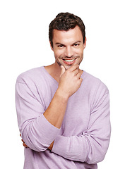 Image showing Portrait, fashion and smile with a man model in studio isolated on a white background for marketing. Advertising, idea and profile picture with a male on bank space for product branding or a logo