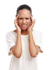 Image showing Black woman, headache and stress or mental health depression, fatigue or tired isolated in white background. African girl, head pain and frustrated, overworked or burnout risk, frustration or anxiety