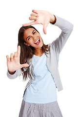 Image showing Hands, frame and studio portrait of businesswoman isolated on white background for profile picture. Face, worker and finger framing for perspective, professional selfie or vision of happy inspiration