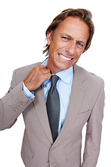 Image showing Portrait, stress and hot with a business man in studio isolated on a white background looking worried or nervous. Anxiety, debt and fail with a male employee feeling bad on blank space for branding