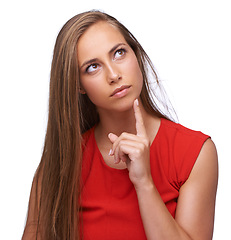 Image showing Thinking, idea and mock up with a woman in red posing in studio isolated on a white background. Marketing, advertising and blank space with a female looking thoughtful in contemplation of ideas