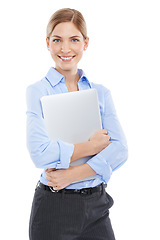 Image showing Business woman, portrait and computer of a working employee ready for a tech job. White background, laptop and isolated worker smile happy about learning and email in a studio smiling with pc