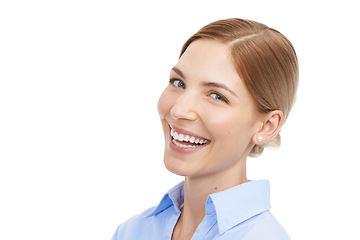 Image showing Woman, studio portrait and smile for business, success and happiness by white background with shirt. Happy corporate leader, executive professional or isolated for career goals, mission or leadership