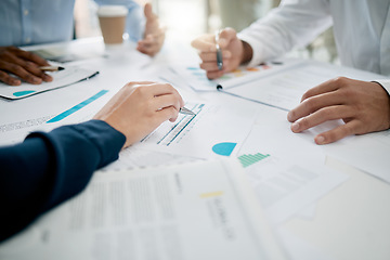 Image showing Strategy, planning and hands on documents for tax audit report or financial statement for startup business. Accounting, paperwork and meeting for finance target, goals or research analysis in office.