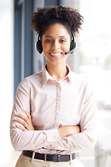 Image showing Call center, smile and portrait of black woman in customer service, telecom consultant and technical support. Happy female sales agent, advisory and telemarketing help for customer support questions