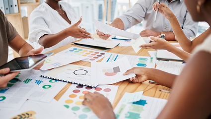 Image showing Business people, hands and marketing documents in meeting in office. Teamwork, strategy and group of employees with paperwork, statistics and graphs for kpis, advertising and planning sales project.