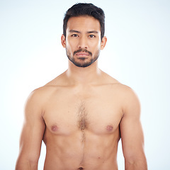 Image showing Fitness, portrait or man in studio with body goals on a white background with mockup space. Wellness, face or healthy model with abs or motivation after training strong muscles, exercise or workout