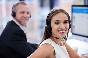 Image showing Smile, call center and business team in telemarketing, virtual communication or support on computer, website or software technology. Contact us, crm and corporate woman, consultant or agency portrait