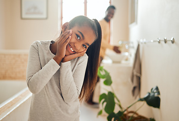 Image showing Family, smile and portrait of girl in bathroom with father for morning routine, hygiene and cleaning. Black family, relax and face of young child for wellness, healthy lifestyle and self care at home