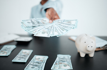 Image showing Hand, dollars and black woman with money for payment, financial investment or bribe in office. Currency, finance or business woman offering cash for banking, deal or savings, loan or money laundering