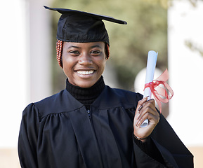 Image showing Black woman, graduation certificate with university portrait, success and graduate with education and achievement. Student in graduation cap outdoor, motivation and future, happy woman with diploma