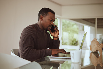 Image showing Phone call, laptop and black man in work from home office for online consulting connection. Freelancer talking on mobile communication, computer and tech consultant on website, internet and planning