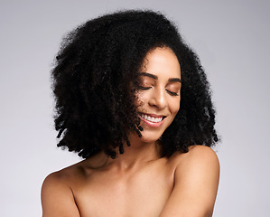 Image showing African hair, afro and face of model happy with spa salon hair care, clean hair growth or shampoo healthy hair. Luxury healthcare, dermatology and aesthetic black woman with skincare cosmetics makeup