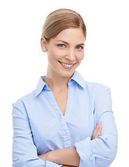 Image showing Face portrait, business woman and arms crossed in studio on white background. Leadership, boss and smile of happy, confident and proud female ceo from Canada with vision, mission and success mindset.