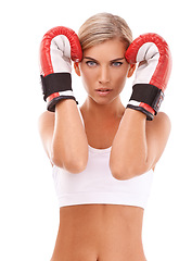 Image showing Portrait, boxer or sports woman in fitness training, workout or exercise in studio with motivation, pride or focus. Face, mindset or healthy girl athlete in fighting or boxing gloves for self defense