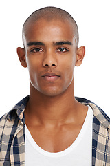 Image showing Natural, handsome and portrait of a man in a studio with clean, glowing and healthy skin. Confident, attractive and face of bald young male model from Puerto Rico while isolated by a white background