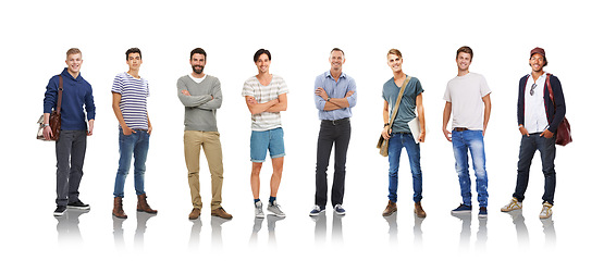 Image showing Collage, portrait and diversity with a man model group in studio isolated on a white background for fashion, education or business. Marketing, advertising and men standing in line to promote a brand