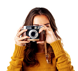 Image showing Photographer woman, holding camera and studio for creativity, photoshoot and content by white background. Isolated creative, artist and retro technology for photo, picture and art for career vision