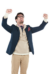 Image showing Winner, success and champion with man and fist pump, celebration and bonus isolated on white background. Winning, happiness and excited about win with pride, celebrate and happy man with reward