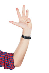 Image showing Man, hands and number four sign closeup in studio for countdown, gesture or signal on white background. Hand, guy and communication with fingers for counting, signing or talking while isolated