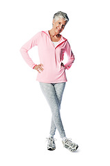 Image showing Portrait, fitness and a senior woman in studio isolated full body on a white background for marketing. Exercise, health and active seniors with a mature female posing to promote wellness or training