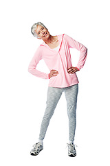 Image showing Senior woman, fitness portrait and stretching for health and wellness in studio with a healthy retirement lifestyle. Body of happy old female isolated on a white background for exercise and energy