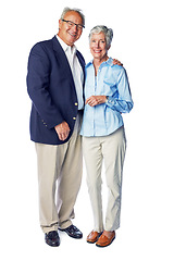 Image showing Elderly, couple and happy with marriage in portrait, love and commitment isolated on white background. Old man, old woman and retirement with wellness, relationship and life partnership with care