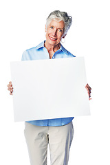 Image showing Poster, portrait mockup and senior woman with marketing placard, advertising banner or product placement. Studio mock up, billboard promotion sign and happy sales model isolated on white background