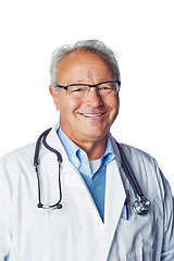 Image showing Healthcare, doctor and portrait of senior man in studio for medical, goals and white background space. Face, health and mature expert happy, smile and excited about innovation and help while isolated