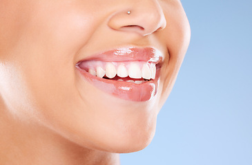 Image showing Teeth, mouth and beauty with woman and smile, dental care and Invisalign with teeth whitening and lips against studio background. Face, healthy skin and veneers with cosmetic care and lip filler zoom