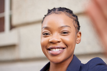 Image showing Black woman, business face and smile for a selfie while online for a social media update on leadership status or profile. Portrait of African entrepreneur outdoor happy about career choice and future