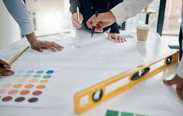 Image showing Hands, building blueprint and architect teamwork, planning construction project and discussion. Collaboration, engineers and group of people with drawing, design and layout for architecture project.