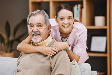 Image showing Healthcare, support and nurse with a senior man for medical attention, consulting and nursing from a house. Trust, hug and portrait of a caregiver with support for an elderly patient in retirement