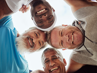 Image showing Team building, happy or friends with fitness goals, trust or hope bonding in training, exercise or workout. Low angle, partnership or healthy group of senior, elderly or mature sports men portrait