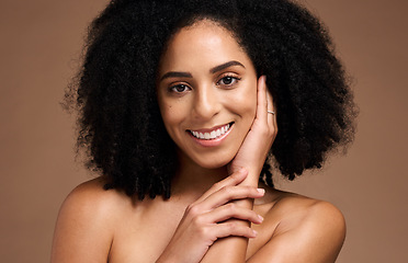 Image showing Portrait, hair and black woman with beauty and face, skincare with microblading, smile and teeth whitening against studio background. Healthy skin, glow and natural curly hair, hand and cosmetic care