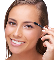 Image showing Woman, face and makeup with beauty and microblading, mascara with eyebrow and lashes on white background. Portrait, smile and eyes with brush, cosmetic care and cosmetics tools with skincare closeup