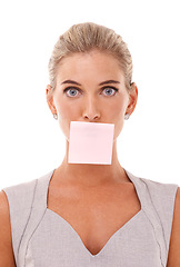 Image showing Sticky note, studio and face portrait of woman with marketing space, advertising or product placement mockup. Business reminder mock up, silence and professional employee girl on white background