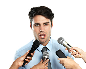 Image showing Microphone, portrait and interview for business man, government worker or corporate speaker. Speech communication, reporter hands and news journalist question to politician on white background studio