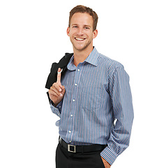 Image showing Portrait, man and young working professional isolated in studio against a white background space. Face, entrepreneur and male worker confident, happy and relax while standing, proud and positive