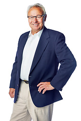 Image showing Senior, happy and portrait of ceo man with confident, proud and joyful smile in isolated studio. Corporate, mature and businessman pose with confidence in career mindset on white background.