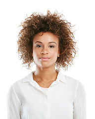 Image showing Beauty, face and portrait of black woman on a white background with beautiful, glowing and healthy skin. Beauty salon, happy and isolated headshot of girl model with cosmetics, makeup and confidence