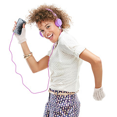 Image showing Black woman, phone and dancing to fun music, podcast or radio against a white studio background. Portrait of isolated happy African American female dancer listening to audio track on white background