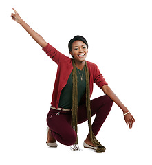 Image showing Trendy, cool and portrait of a black woman with a dance isolated on white background in a studio. Fashion, stylish and dancing African girl with freedom, smile and celebration on a studio background