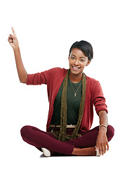 Image showing Black woman, portrait and pointing at promotion mockup, isolated marketing space or advertising mock up. Smile, happy model and showing hands gesture for cool fashion sales on white background mockup