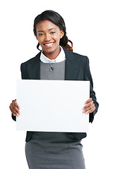 Image showing Black woman, business poster and space mockup for advertising logo, brand and promotion in studio. Happy female with banner or billboard isolated on a white background for marketing branding sign