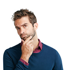 Image showing Thinking, portrait and businessman in studio for creative, vision and strategy on white background. Face, planning and young, handsome man with motivation for startup, business idea and isolated